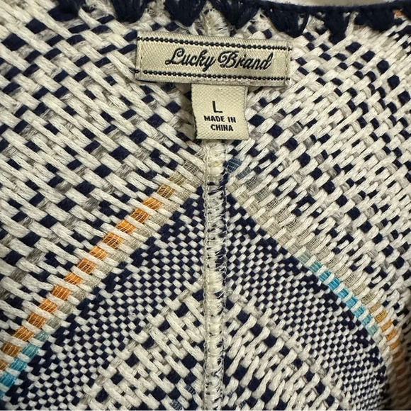 Woven Blanket Open Front Pottery Cardigan boho large cream blue cotton relaxed - Picture 5 of 10